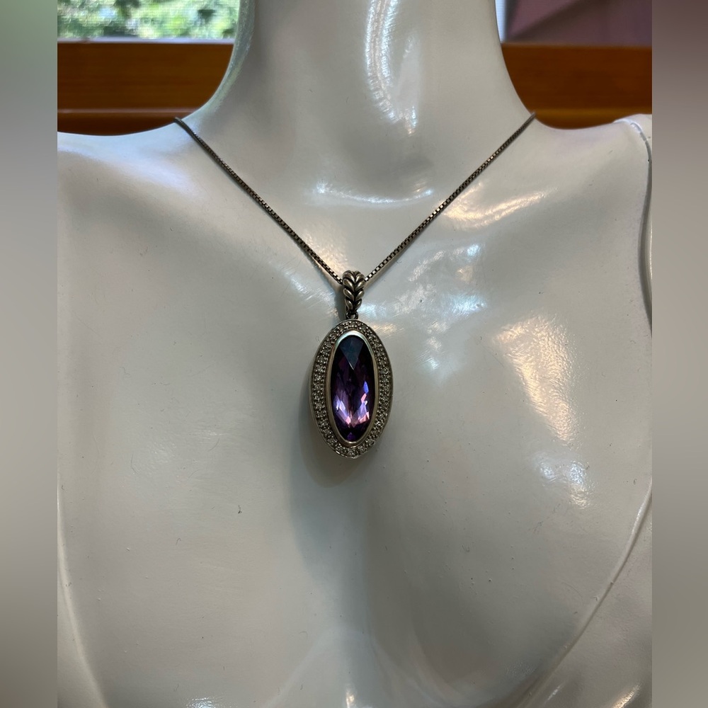 T&C 925 Sterling Silver Amethyst Diamonds Pendant